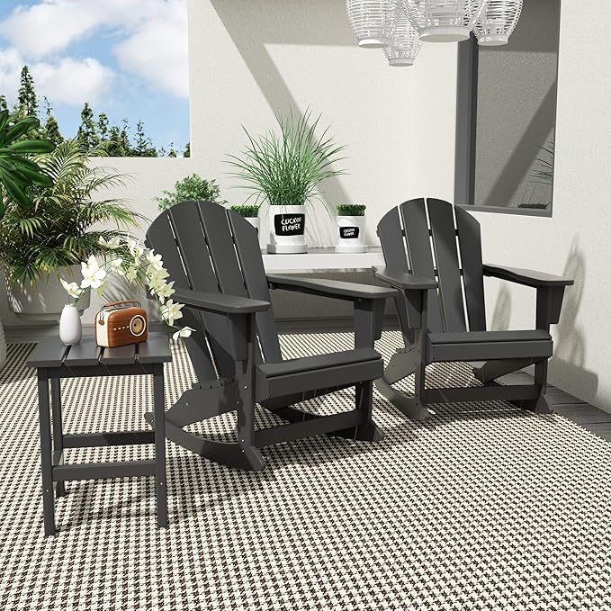WO WESTIN OUTDOOR HDPE Laguna Outdoor Rocking Poly Adirondack Chair with Side Table 3-Piece Set, Gray
