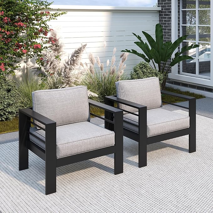 Solaste Patio Furniture Metal Armchair,2 PCS All-Weather Aluminum Garden Outdoor Contemporary Sofa Chair with Cushions, Light Grey
