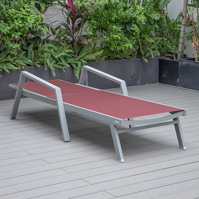 LeisureMod Marlin Patio Chaise Lounge Chair, Adjustable Outdoor Grey Aluminum Lounge with Breathable Mesh Sling Back, Lightweight Poolside Reclining Sun Lounger Weather & UV Resistant (Burgundy)