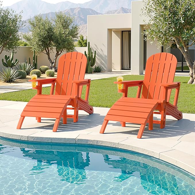 JY QAQA Outdoor Adirondack Chair Set of 2 with Detachable Table & Ottoman, All-Weather HDPE Patio Furniture with Wood Texture & Cup Holder for Patio, Poolside, Garden, Orange