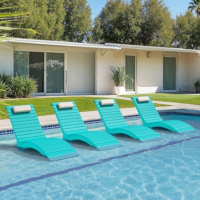 Pool Lounge Chairs Outdoor Set of 4，HDPS Long Pool Chairs for in Pools, Weighted All Weather Tanning Chair with Headrest，Chaise Lounge for Outside Beach Patio Sun Bathing Hotel, Aruba Blue