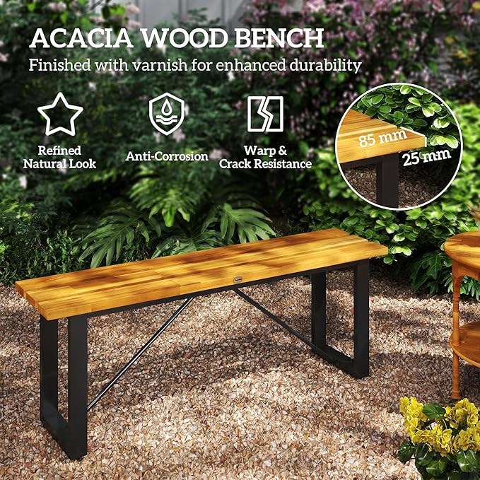Outsunny Outdoor Bench, Acacia Wood Patio Garden Bench, 47" 2-Person Backless Patio Loveseat with Slatted Seat and Metal Frame, Weather/Corrosion Resistant for Outside, Front Porch, Park, Teak