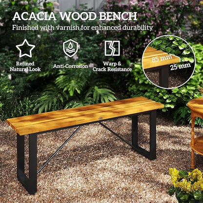 Outsunny Outdoor Bench, Acacia Wood Patio Garden Bench, 47" 2-Person Backless Patio Loveseat with Slatted Seat and Metal Frame, Weather/Corrosion Resistant for Outside, Front Porch, Park, Teak