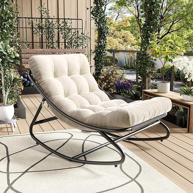 GarveeLife Rocking Papasan Chair, Outdoor Rocker Chair with Thick Waterproof Cushion, 300lbs Heavy Duty Metal Patio Rocking Chair for Garden, Porch, Nursery, Silla Mecedora para Adulto-Beige