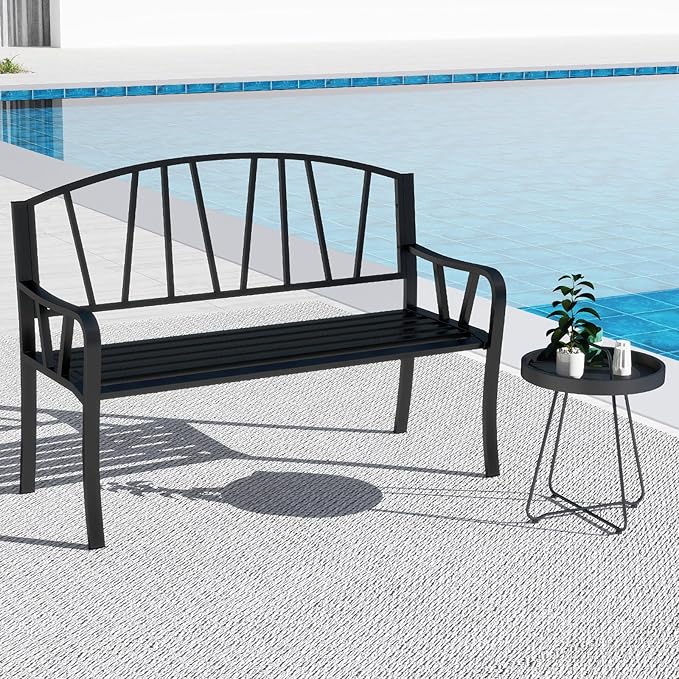 Tangkula 51” Metal Outdoor Garden Bench, Patio Slatted Park Bench for 2-3 People, Park-Style Loveseat with Curved Armrests, Heavy-Duty Outdoor Seating for Backyard, Lawn, Porch