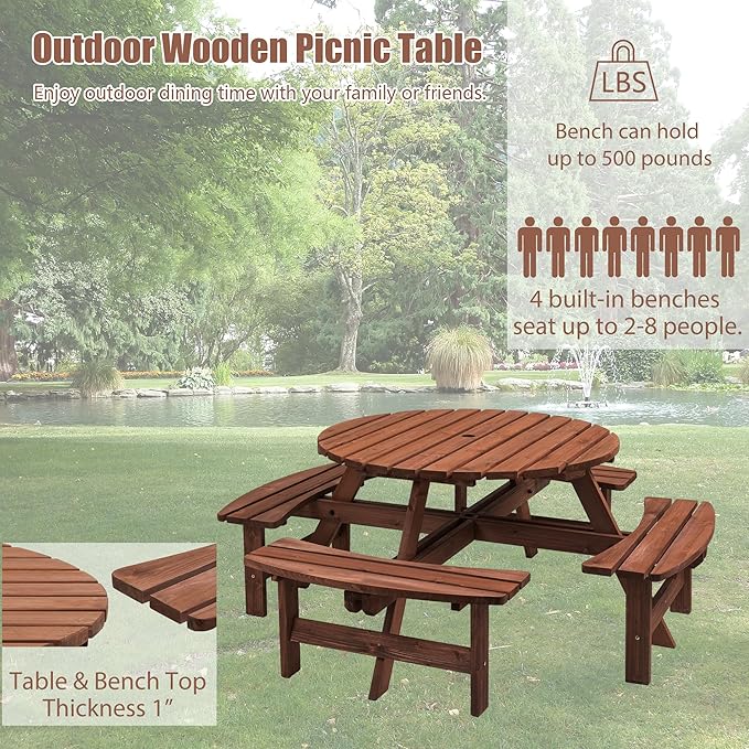 Wooden Picnic Table,Outdoor Wooden Dining Rectangle Table w/Umbrella Hole,for Patio,Garden,Backyard - Photo 6