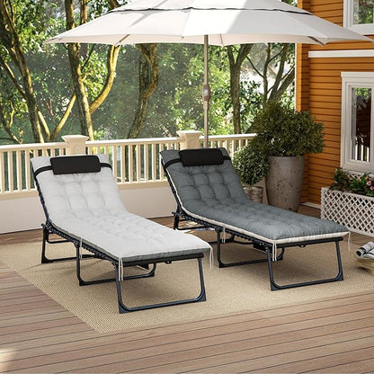 Outsunny Chaise Lounge Chair Outdoor Set of 2, 5-Position Adjustable Outdoor Pool Lounge Chairs, Folding Tanning Chair Beach Lounger with Cushion, Headrest, Side Pocket for Patio, Yard, Black/Gray