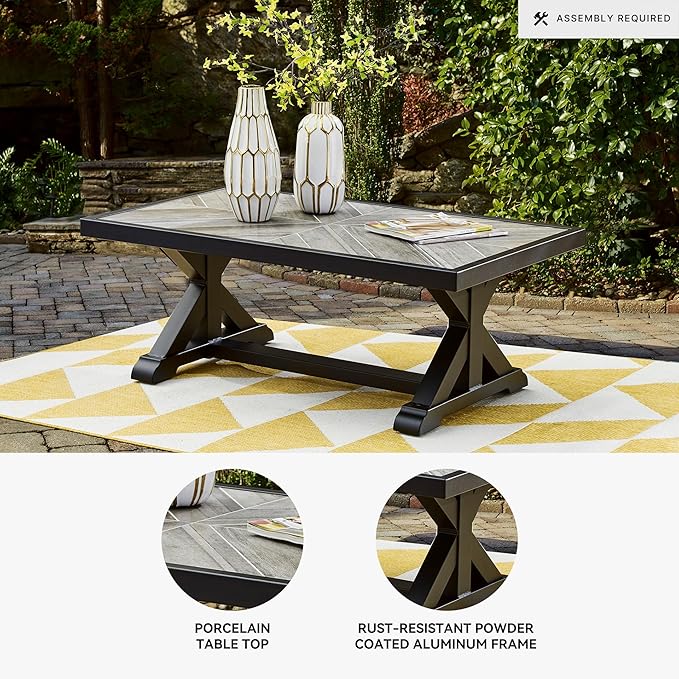 Signature Design by Ashley Beachcroft Farmhouse Weather and Rust Resistant Outdoor Coffee Table with Porcelain Tabletop, Black & Light Gray