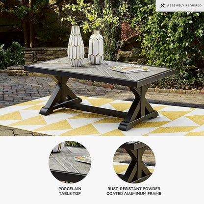 Signature Design by Ashley Beachcroft Farmhouse Weather and Rust Resistant Outdoor Coffee Table with Porcelain Tabletop, Black & Light Gray