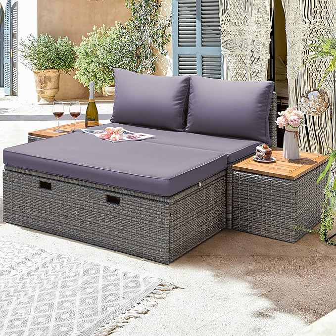 Greesum Patio Furniture Set Multifunctional Outdoor Sectional Sofa Rattan Chaise Lounge Wicker Daybed with Couch, Cushions, Storage Ottoman and 2 Side Tables for Backyard Porch Poolside Lawn, Gray