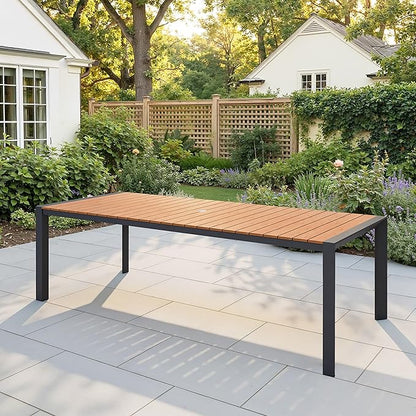 Crestlive Products 95" Outdoor Dining Table for 10, Aluminum Patio Dining Table with Umbrella Hole Weather-Resistant Rectangle Outside Table for Garden Backyard Deck, Brown