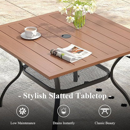 Outdoor Dining Table with Adjustable Umbrella Hole, 37.8" All-Weather Square Patio Dining Table for 4, Metal Patio Table for Garden Lawn Porch Deck Yard, Walnut