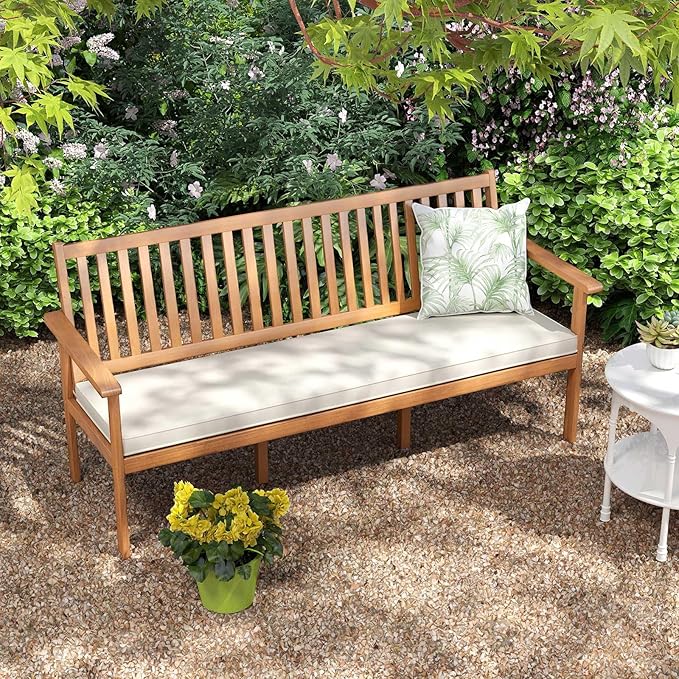 Tangkula 3-Seat Acacia Wood Outdoor Bench with Cushion, 64" Extra Long Garden Bench with Slatted Seat & Backrest, 3-Person Patio Wood Bench for Backyard, Porch, Balcony & Garden