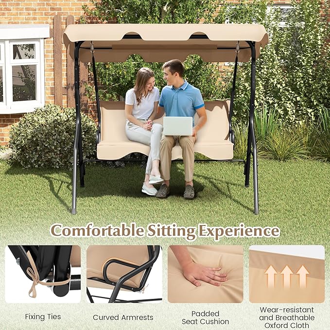 RELAX4LIFE 3-Person Porch Swing Chair - Outdoor Swing w/Adjustable Canopy, Removable Cushion & Metal Frame Stand - Photo 6
