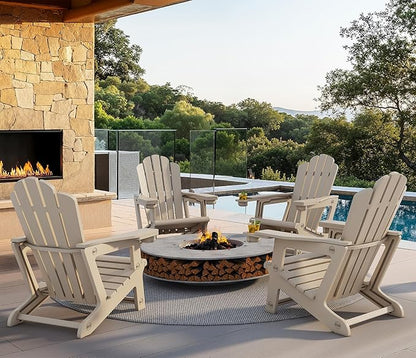 PURPLE LEAF Adirondack Chair Set of 4 HDPE All-Weather Outdoor Fire Pit Chair with 24.6" Oversized Seat Wood-Textured Patio Adirondack Chair with Dual Cup Holders for Garden Deck Backyard, Champagne