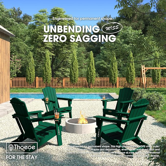 Folding Adirondack Chair, HDPE All-Weather Outdoor Chair with Cup Holder, Wooden Textured, Fire Pit Chair - Photo 2