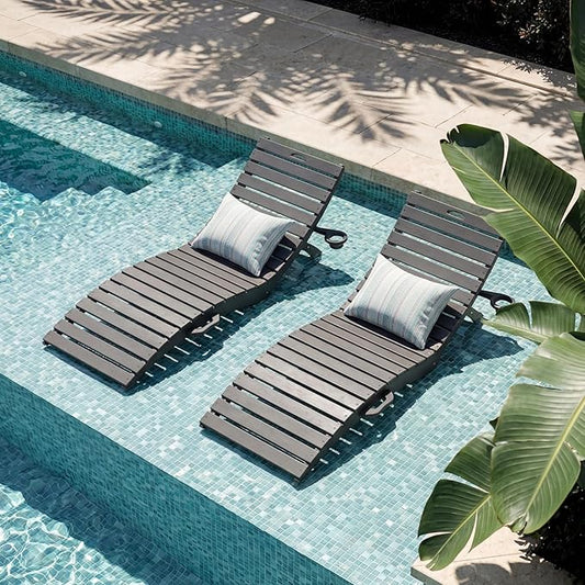 in-Pool Lounge Chairs Set of 2, Folding HDPE Pool Chairs Anti-Floating No Sandbags with Cup Holder & Handles, Outdoor Chaise Lounge for Poolside, Patio & Sun Deck(Grey)