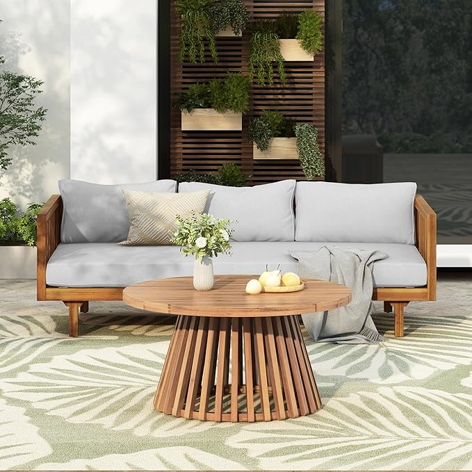 Merax Outdoor Acacia Wood Conversation Set - Patio 3-Seat Loveseat Sofa w/Coushion and Round Coffee Table for Backyard, Lawn, Balcony, Teak+Light Gray/Light Teak