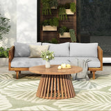 Merax Outdoor Acacia Wood Conversation Set - Patio 3-Seat Loveseat Sofa w/Coushion and Round Coffee Table for Backyard - Photo 2