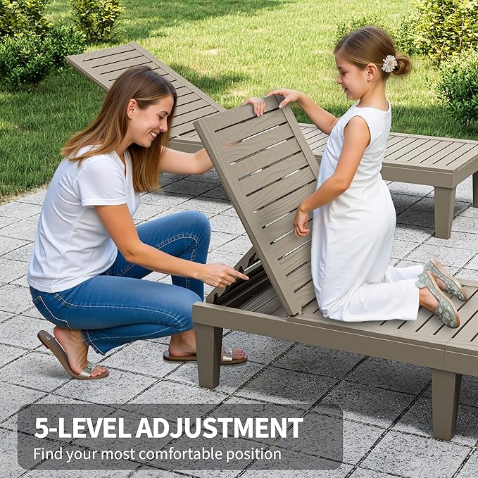 Patio Chaise Lounge Set of 2, 5-Position Adjustable Reclining Patio Lounge Chairs with Wood Grain Finish, All-Weather Resin Pool Lounge Chairs for Garden Deck Backyard (Grey)