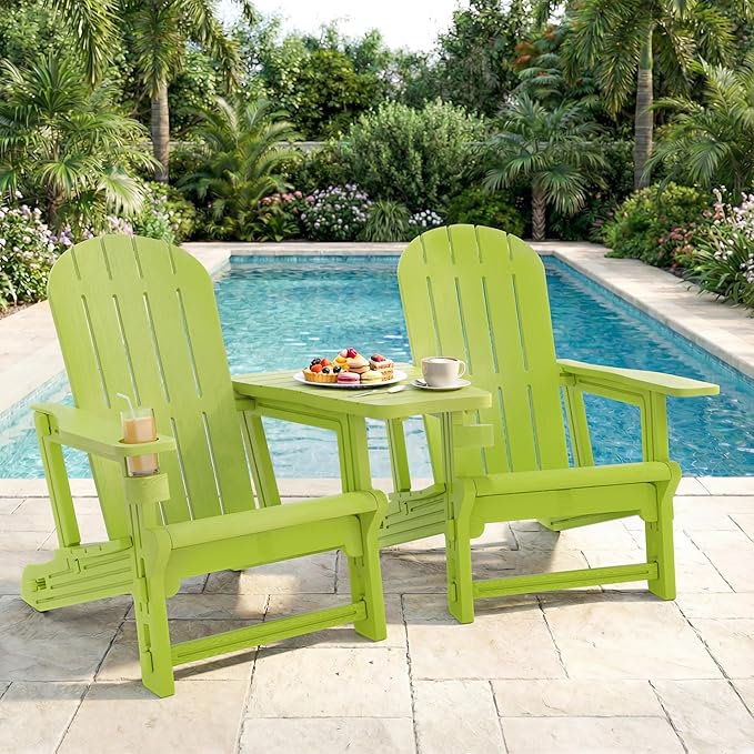 Shintenchi Adirondack Chairs Set of 2,HDPE Adirondack Chairs w/Removable Tablelop & Umbrella Hole,All-Weather Wooden Textured Plastic Outdoor Chairs w/Cup Holders for Garden Backyard Pool,Green