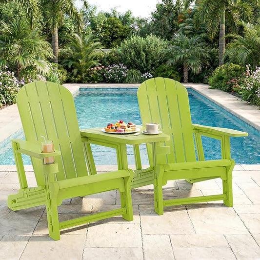 Shintenchi Adirondack Chairs Set of 2,HDPE Adirondack Chairs w/Removable Tablelop & Umbrella Hole,All-Weather Wooden Textured Plastic Outdoor Chairs w/Cup Holders for Garden Backyard Pool,Green