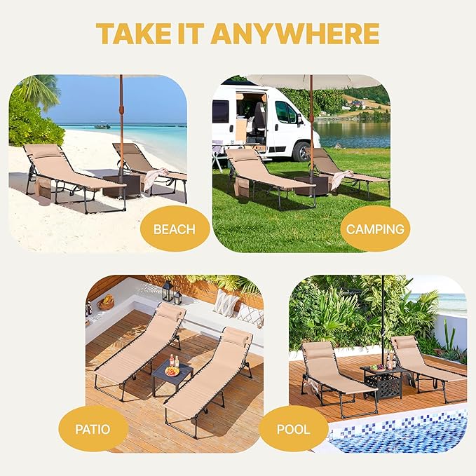 Yaheetech 22.4" Outdoor Folding Tanning Chair, Chaise Lounge Chairs with 5 Back Position Adjustable, Extended Portable Lounger for Beach, Patio, Beige