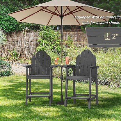 LUE BONA Tall Adirondack Chair Set of 2, All Weather HDPS Bar Height Adirondack Chair with Detachable Table & Umbrella Hole, Adirondack Barstools for Patio, Deck, Backyard & Commercial Use Dark Gray