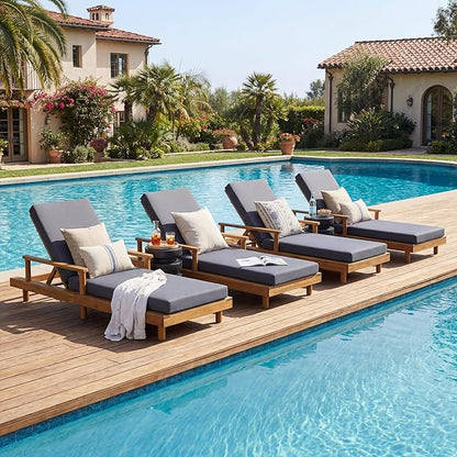 Merax Acacia Wood Outdoor Chaise Lounge Chair Set of 4, 3-Position Adjustable Back & 4" Thick Removable Dark-Grey Cushion, 400lbs Capacity, Modern Large Patio Sun Lounger for Patio Garden Pool
