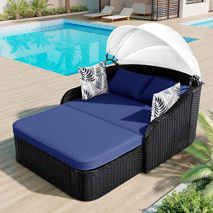 LUMISOL Outdoor Daybed with Retractable Canopy, PE Rattan Sunbed with Cushions, Double Lounge for Patio, Garden, Poolside, Black Wicker and Blue Cushion