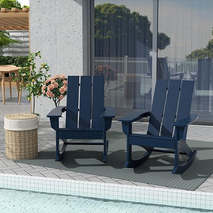 WestinTrends Ashore Patio Rocking Chairs Set of 4, All Weather Poly Lumber Plank Adirondack Rocker Chair, Modern Farmhouse Outdoor Rocking Chairs for Porch Garden Backyard and Indoor, Navy Blue