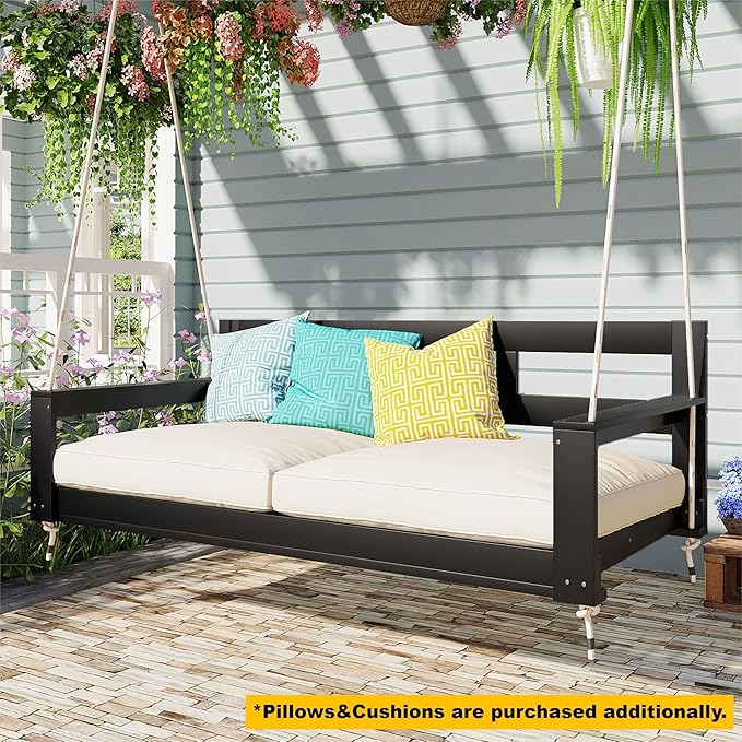 Merax Patio Wooden Twin Size Porch Swing Daybed Frame, Farmhouse Swing Bench Chair with 4 Hanging Ropes for Backyard - Photo 2