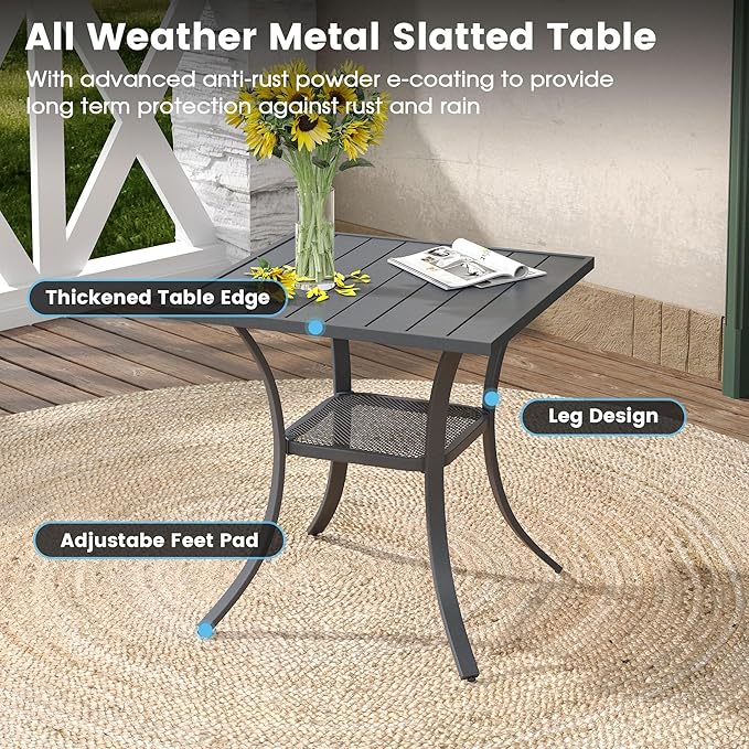 DIFY 27.6" Small Square Outdoor Dining Table for 2, Slatted Metal Patio Table with Storage Shelf, All-Weather Patio Dining Table for Garden Backyard Deck, Grey Tabletop