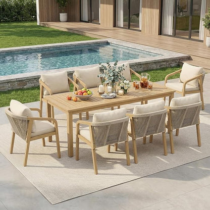 Wisteria Lane 9 Pieces Acacia Outdoor Patio Table and Chairs Set for 8, Patio Outdoor Dining Table Set with Cushion, Modern Outdoor Patio Table Set for Lawn Backyard Garden Deck, Beige