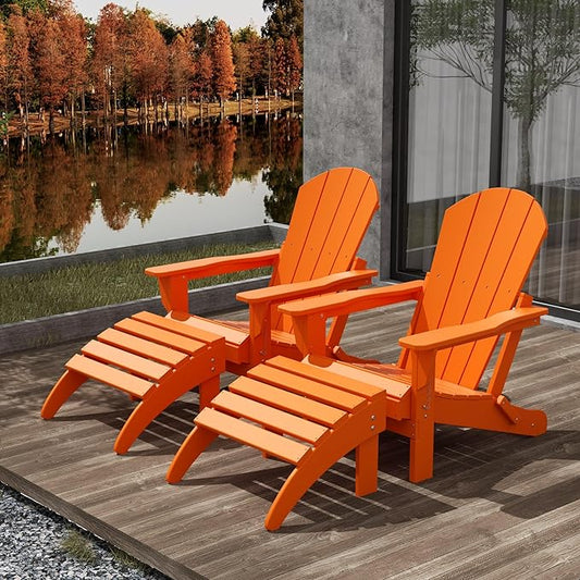 WestinTrends Malibu Outdoor Lounge Chair Set, 4-Pieces Adirondack Chair Set of 2 with Ottoman, All Weather Poly Lumber Patio Lawn Folding Chair for Outside Pool Beach, Orange
