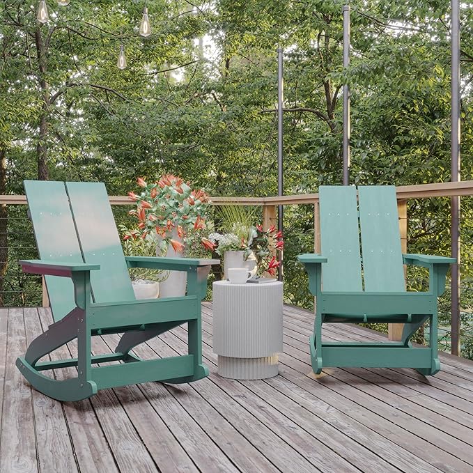 Flash Furniture Finn Modern Commercial Poly Resin Wood Adirondack Rocking Chair - All Weather Sea Foam Polystyrene - Slat Back - Stainless Steel Hardware - Set of 2