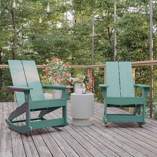 Flash Furniture Finn Modern Commercial Poly Resin Wood Adirondack Rocking Chair - All Weather Sea Foam Polystyrene - Slat Back - Stainless Steel Hardware - Set of 2