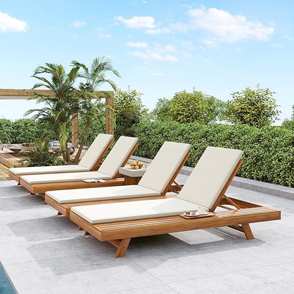 2-Piece Patio Lounge Chair Set with Side Space, Outdoor Chaise Lounge Adjustable & Breathable Acacia Wood Frame, Water-Resistant Cushions(Cream & 2 Inch Thick & Double FOLD)