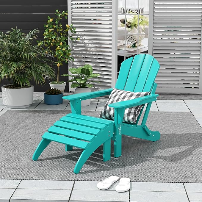WO Home Furniture Adirondack Chair Outdoor Ottoman Set of 2 PCS Classic Patio Furniture (Turquoise)