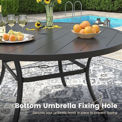 VICLLAX 53" Round Patio Dining Table for 6-8, Metal Outdoor Dining Table with Umbrella Hole for Garden, Patio, Balcony, Black