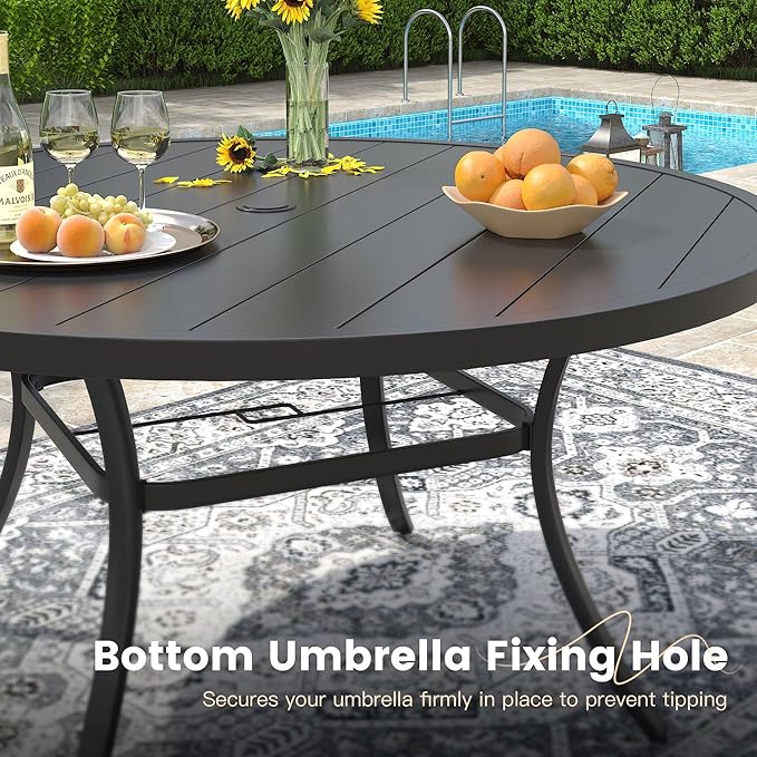 VICLLAX 50" Outdoor Round Patio Dining Table for 4-6, All Weather Metal Dining Table with Umbrella Hole for Deck Lawn Garden Backyard, Black