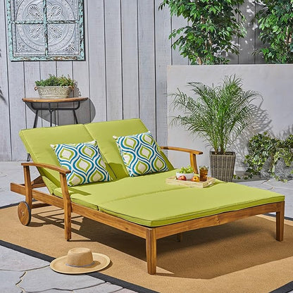 Christopher Knight Home Double Chaise Lounge Outdoor Patio Daybed with Adjustable Backrests, Acacia Wood Frame in Teak Finish, Water Resistant Green Cushions for Poolside Porch Deck