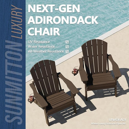 Folding Adirondack Chair Set of 2 with Cup Holders, HDPE All Weather Resistant Plastic Outdoor Patio Chairs, Heavy Duty Fire Pit Seating for Backyard Lawn Garden, Wooden Textured(Coffee)