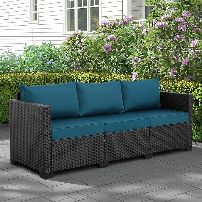 Rattaner Outdoor Furniture Outdoor Couch Patio Furniture 3-seat Sofa Deep Seat Hight Backrest with Waterproof Cover and Anti-Slip Cushions, Peacock Blue