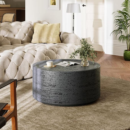 UPHA 28" Round Outdoor Coffee Table, Modern Hollow Concrete Patio Table, Small Minimalist Low Accent Table for Living Room, Balcony, Deck, Backyard, Dark Gray
