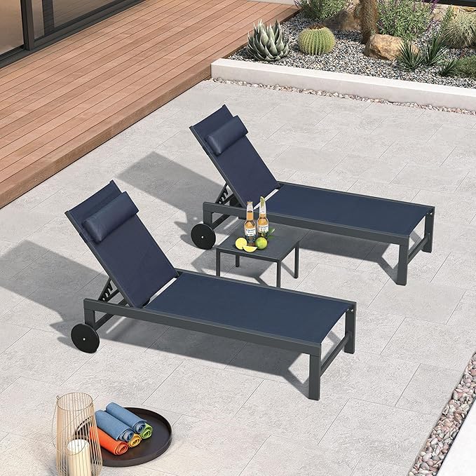 PURPLE LEAF Patio Lounge Chair Set Outdoor Chaise Lounger Aluminum Frame with 2 Side Table and Wheels for Pool Outside Sunbathing Tanning Recliner Including Pillows Navy Blue