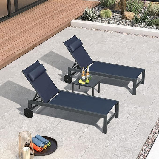 PURPLE LEAF Patio Lounge Chair Set Outdoor Chaise Lounger Aluminum Frame with 2 Side Table and Wheels for Pool Outside Sunbathing Tanning Recliner Including Pillows Navy Blue