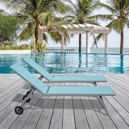 Domi Chaise Lounge Outdoor Set of 2, Lounge Chairs for Outside with Wheels, Outdoor Chaise Lounge with 5 Adjustable Position, Pool Lounge Chairs for Patio, Yard, Deck, Poolside, Turquoise Blue