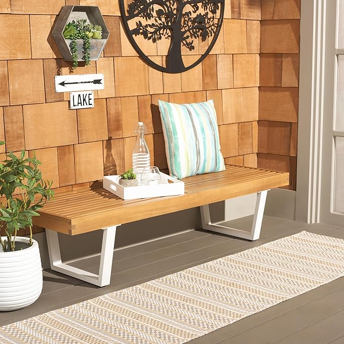 SAFAVIEH Outdoor Patio Furniture Heather Natural Brown Solid Wood & White Legs 60-inch Steel Bench