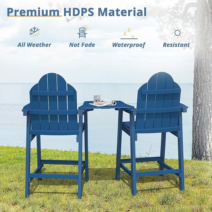 LUE BONA Tall Adirondack Chair Set of 2, All Weather HDPS Bar Height Adirondack Chair with Detachable Table & Umbrella Hole, Adirondack Barstools for Patio, Deck, Backyard & Commercial Use Navy Blue